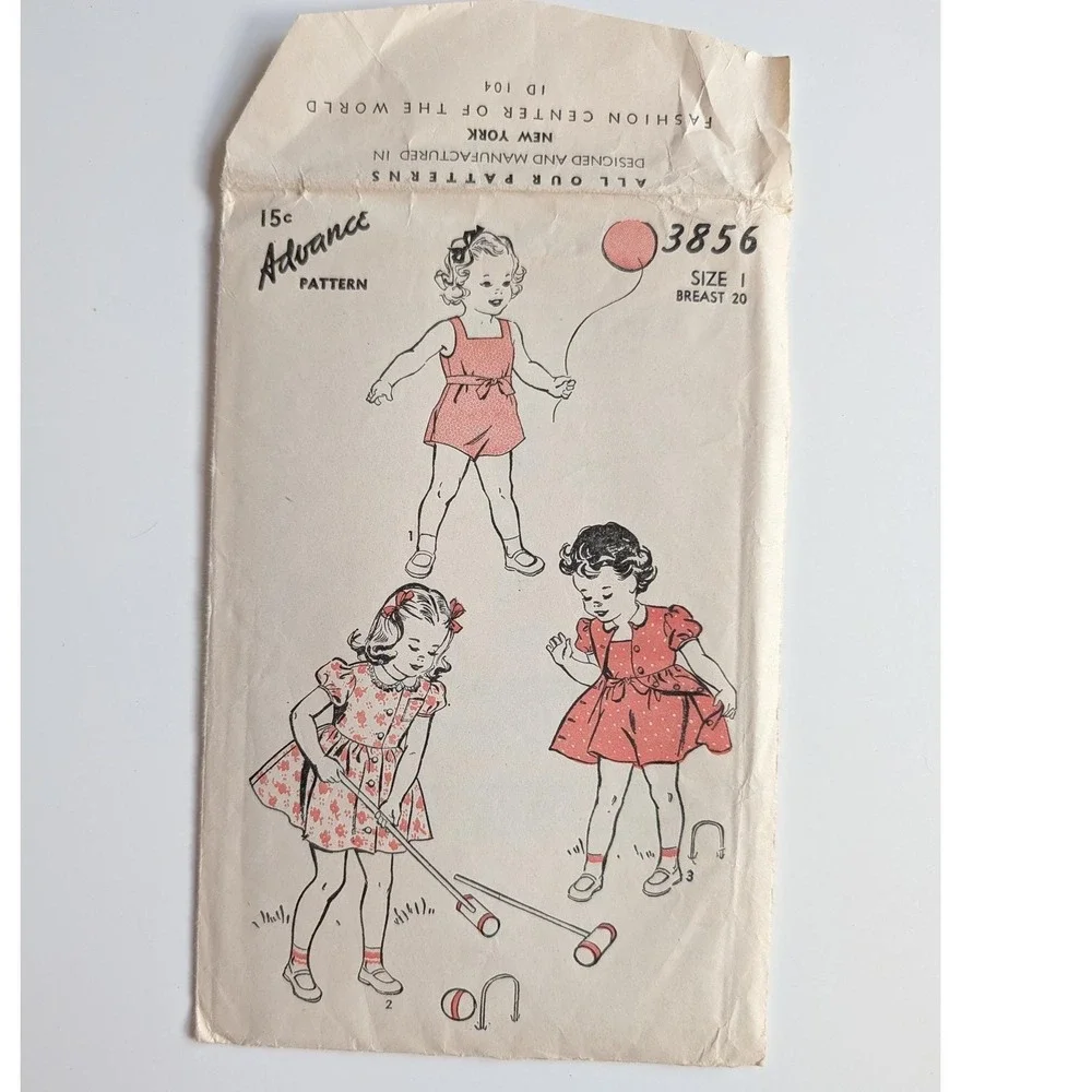 FF Advance 3856 Toddler Girls Playsuit and Dress Sewing Pattern Size 1 VTG 1940s
